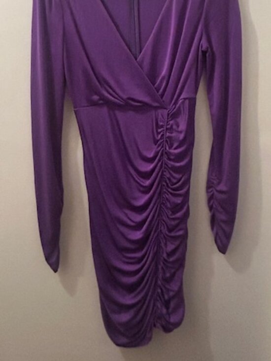 Catherine Malandrino Lush Purple Ruched V Neck Bodycon Silk Nylon Dress - Picture 10 of 16